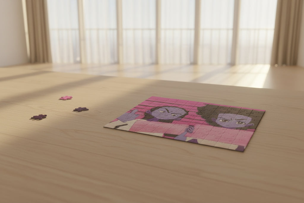 Jigsaw puzzle with two characters holding signs on a pink background