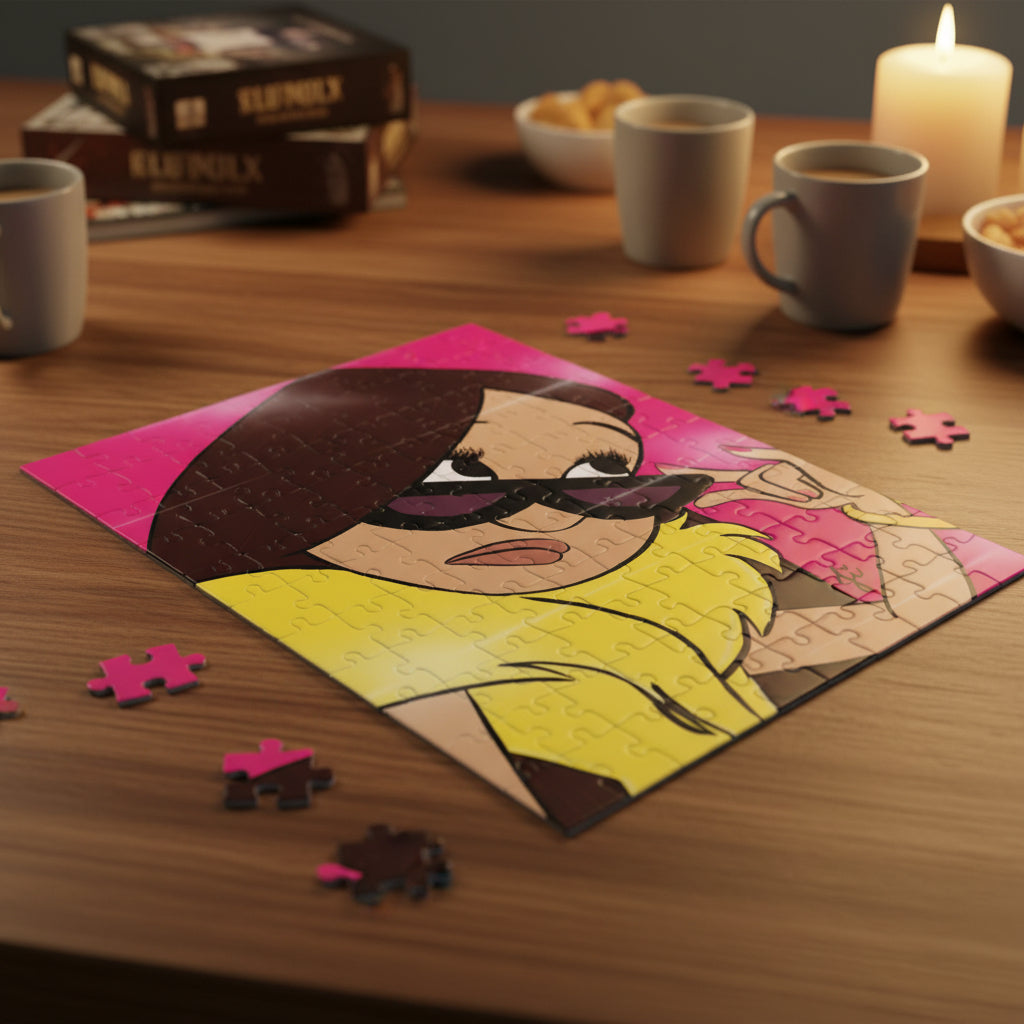puzzle with a cartoon character on a pink background