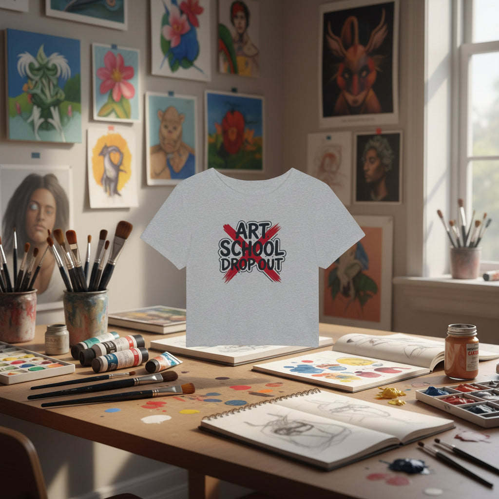 Gray cropped t-shirt with 'Art School Drop Out' text on a white background