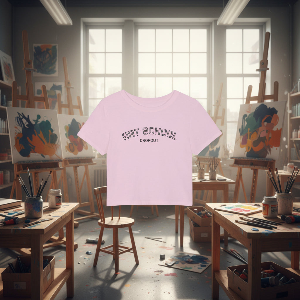 Pink crop top with 'Art School Dropout' text on a white background